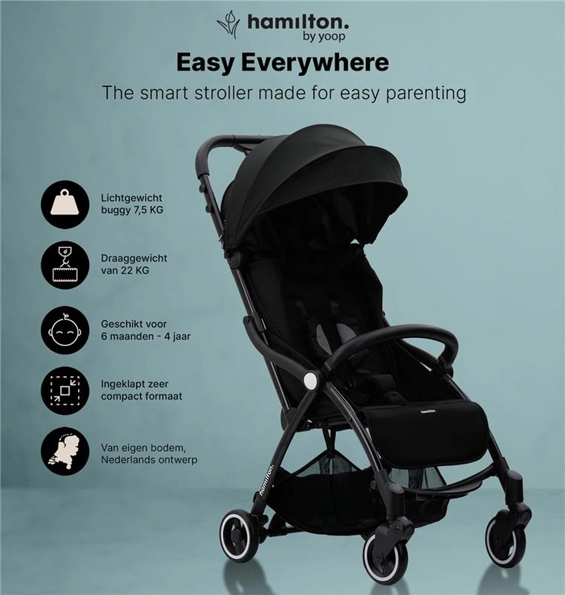 Hamilton By Yoop X1 Plus Buggy – Nieuw, Hoger, Uitgebreider 2023 Model – Premium Stroller Met One Hand Folding Technologie – Zwart – Lichte, Verstelbare En Wendbare Kinderwagen Met Vele Gemakken - Afbeelding 4
