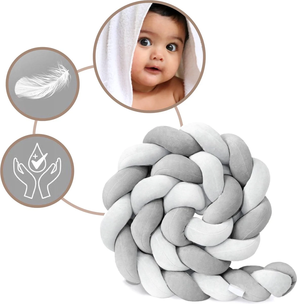 Bedbumper - Bedomrander - Bedbumper Ledikant - Bedbumper Gevlochten - Boxomrander - Babykamer Accessoires - 3 Meter - Katoen - Grijs/wit - Afbeelding 3