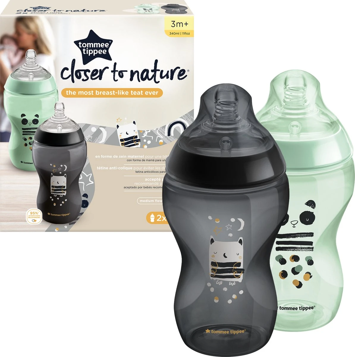 Tommee Tippee Closer To Nature - Zuigflessen - Normale Uitstroomsnelheid - Anti-colic Ventiel - 340 Ml - Verpakking Van 2 Stuks - Groen En Zwart - Afbeelding 2