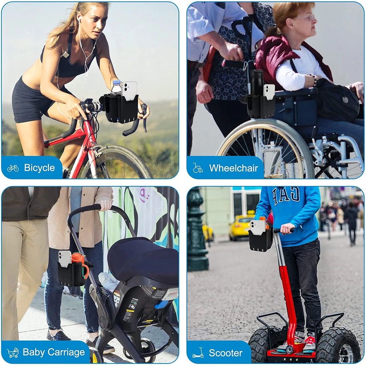 BOTC 2 In 1 Bekerhouders & Telefoonhouder - Cup Organizer Voor Kinderwagen, Fiets, Rolstoel, Walker - Zwart - Afbeelding 4