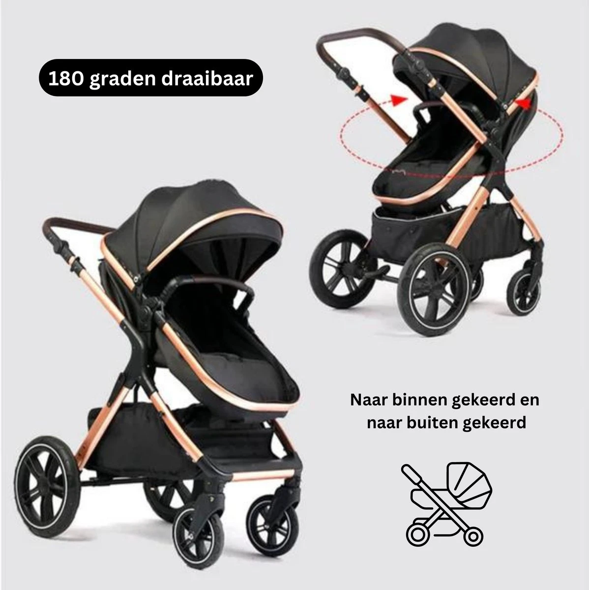 Merkloos BrightWise Luxe Kinderwagen 3 In 1 Van Voldoet Aan Alle Europese Veiligheidscertificaten - Wandelwagen - Kinderwagen 3-in-1 Incl Autostoel - Kinderwagen Maxi Cosi – Buggy 3 In 1 - Newborn - Zwart - Afbeelding 3