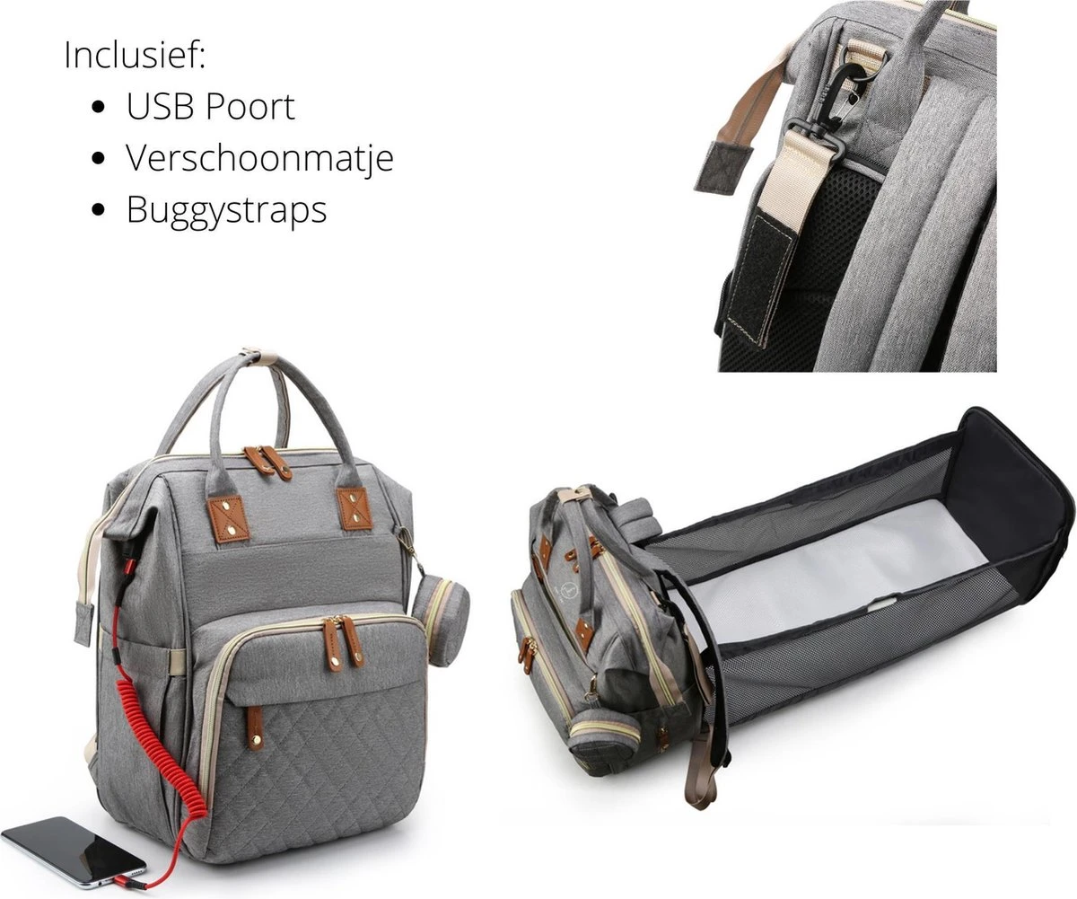 Humpy Dumpy Stijlvolle Luiertas Rugzak (Grijs) Met Uitschuifbaar Verschoon/ Slaap Bedje. Incl. Verschoon Matje, USB Poort & Buggy Straps - Afbeelding 10
