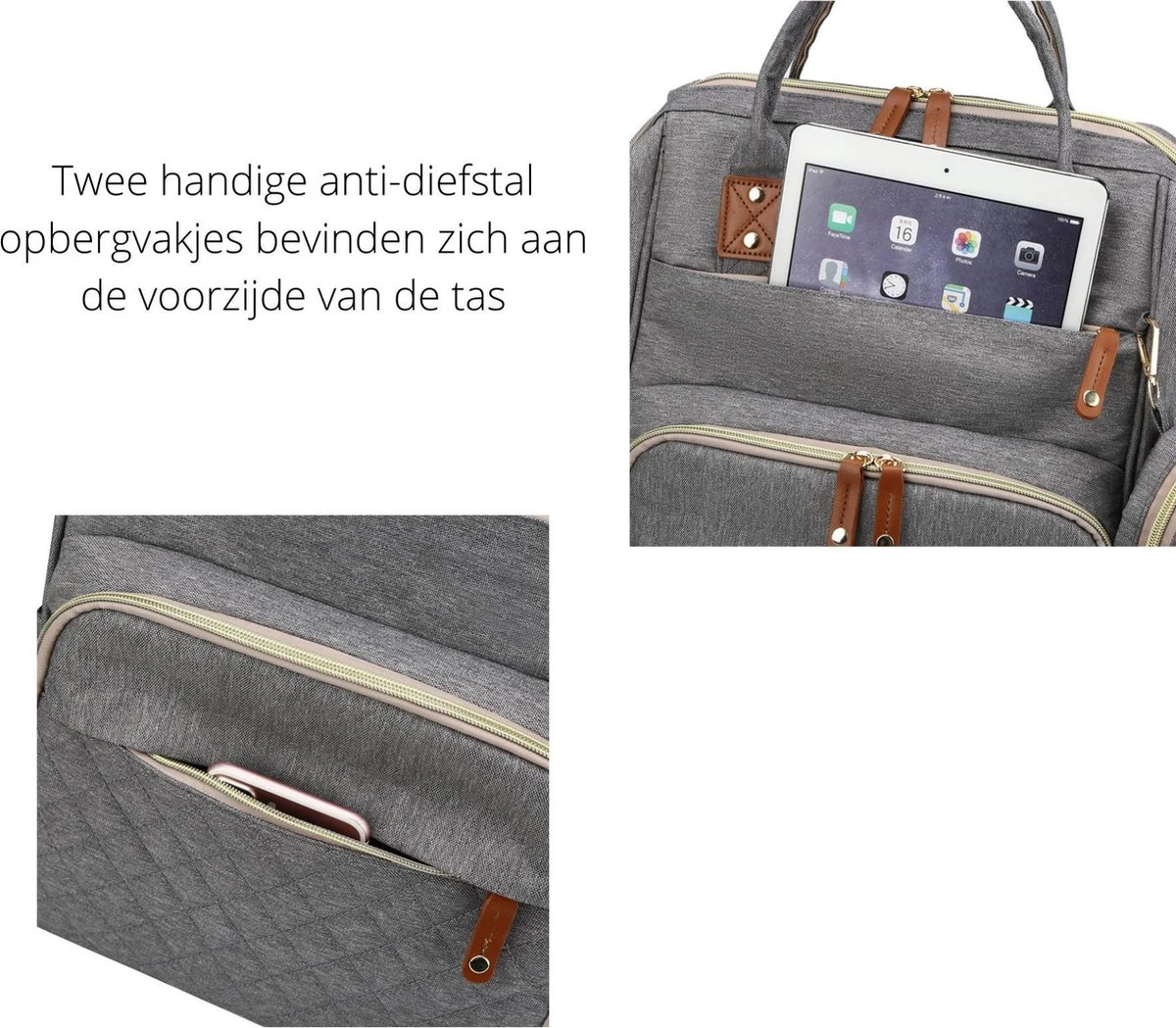 Humpy Dumpy Stijlvolle Luiertas Rugzak (Grijs) Met Uitschuifbaar Verschoon/ Slaap Bedje. Incl. Verschoon Matje, USB Poort & Buggy Straps - Afbeelding 11