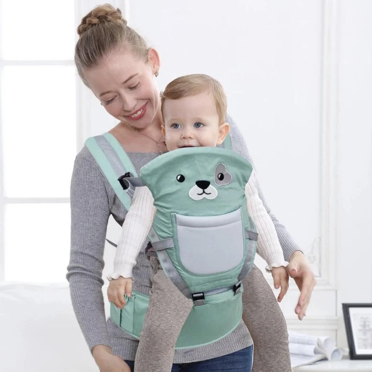 Baby Draagzak - Buik/Rug Babydrager Met Zacht Zitje (0-36 Maanden) - Groene Beer - Afbeelding 6