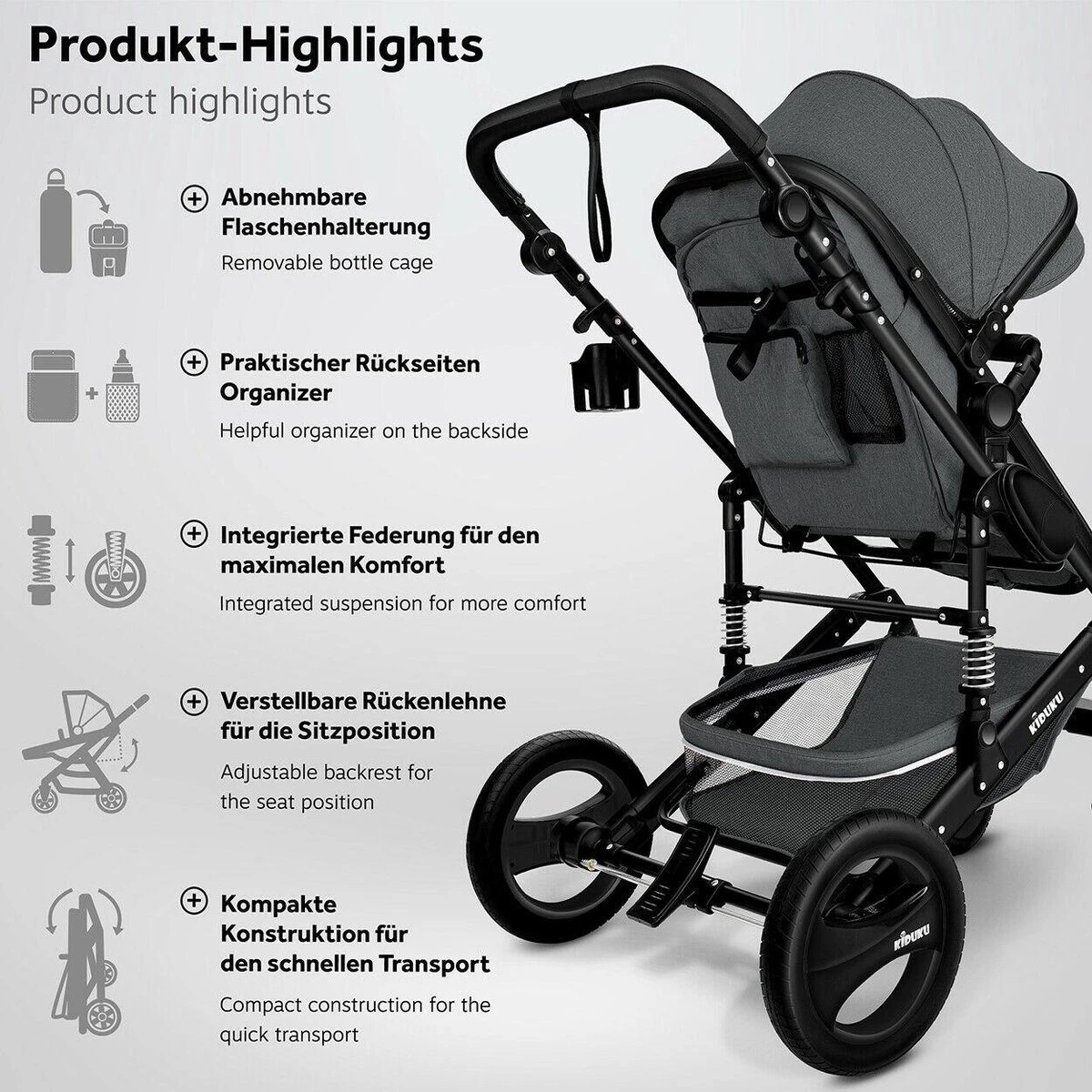 KIDUKU- 3 In 1 Combi-kinderwagen- Antraciet/zwart Buggy Incl. Autostoeltje-regenhoes- Inklapbaar - Afbeelding 3