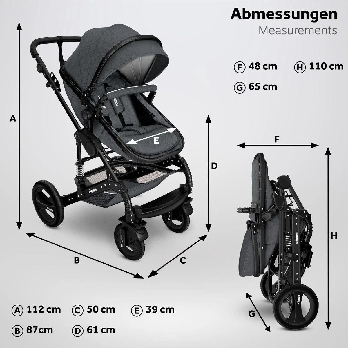 KIDUKU- 3 In 1 Combi-kinderwagen- Antraciet/zwart Buggy Incl. Autostoeltje-regenhoes- Inklapbaar - Afbeelding 7