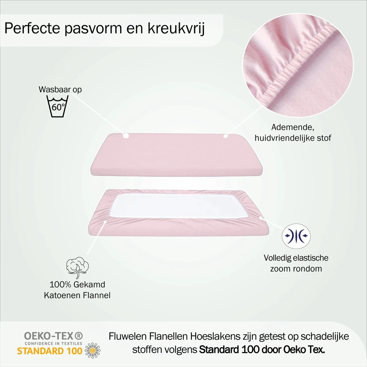 Bed Couture Flanel Fleece Kinder Hoeslaken - 100% Katoen Extra Zacht En Warm - Ledikant - 70x120 Cm - Roos - Afbeelding 3