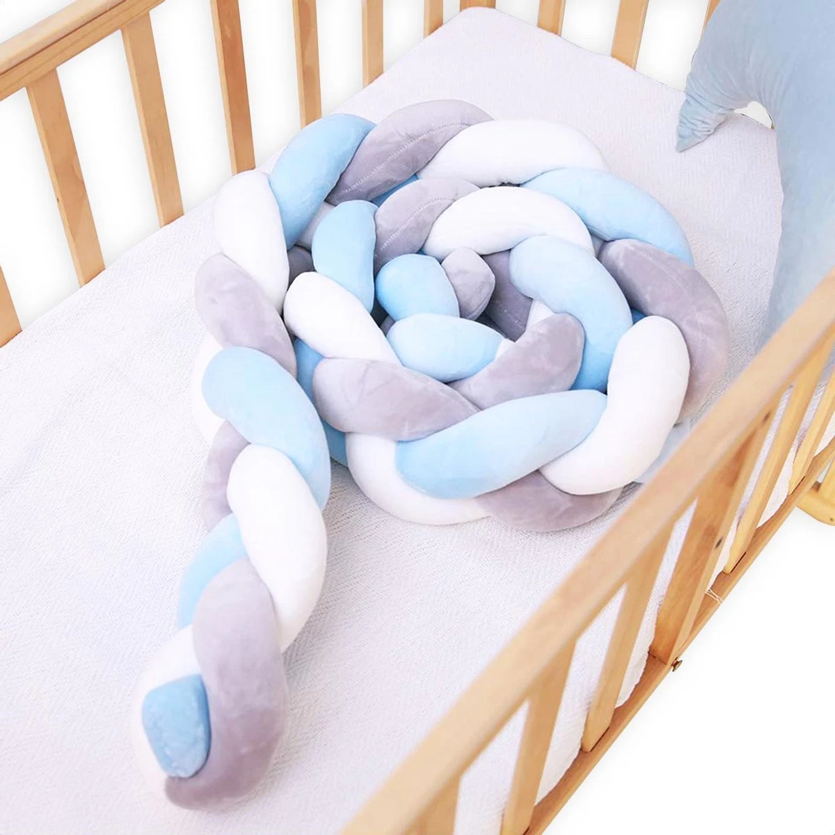 Buxibo Baby Bed Bumper - Baby Veiligheid/Hoofdbescherming/Bedbescherming - Multifunctionele Voedingskussen/Bedomrande/Boxomrander - 200CM - Blauw