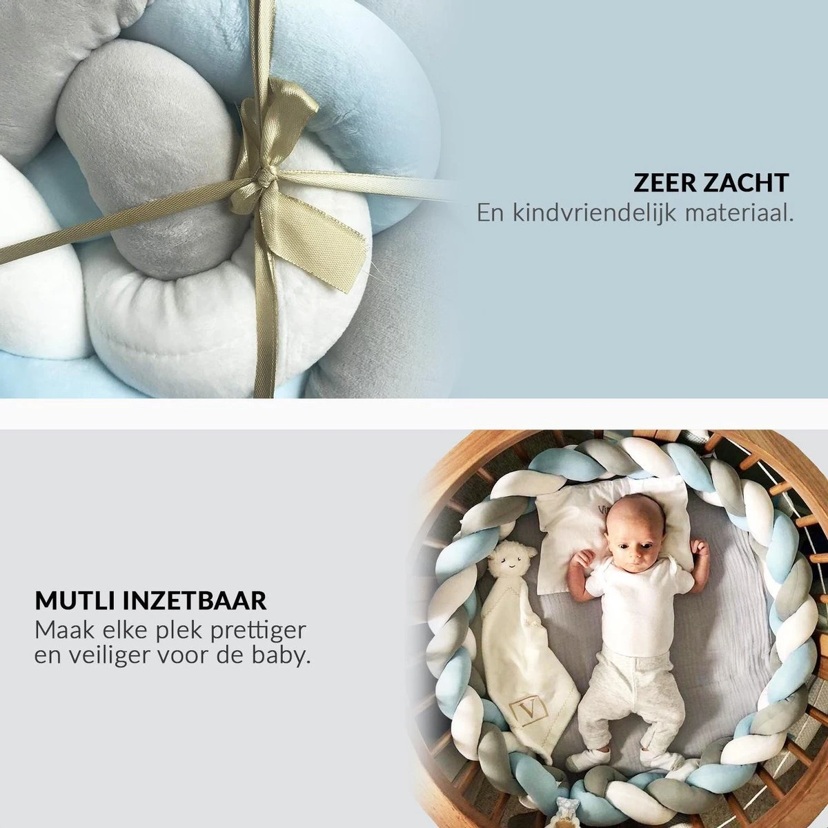 Buxibo Baby Bed Bumper - Baby Veiligheid/Hoofdbescherming/Bedbescherming - Multifunctionele Voedingskussen/Bedomrande/Boxomrander - 200CM - Blauw - Afbeelding 10