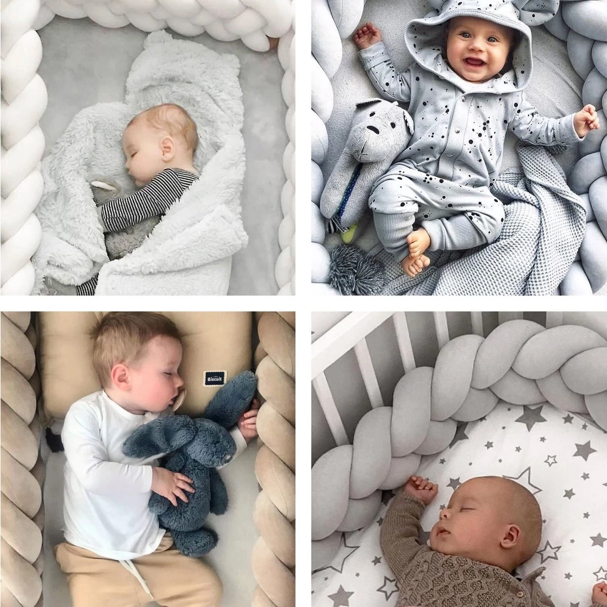 Bedbumper - Bedomrander - Bedbumper Ledikant - Bedbumper Gevlochten - Boxomrander - Babykamer Accessoires - 3 Meter - Katoen - Grijs/wit - Afbeelding 2