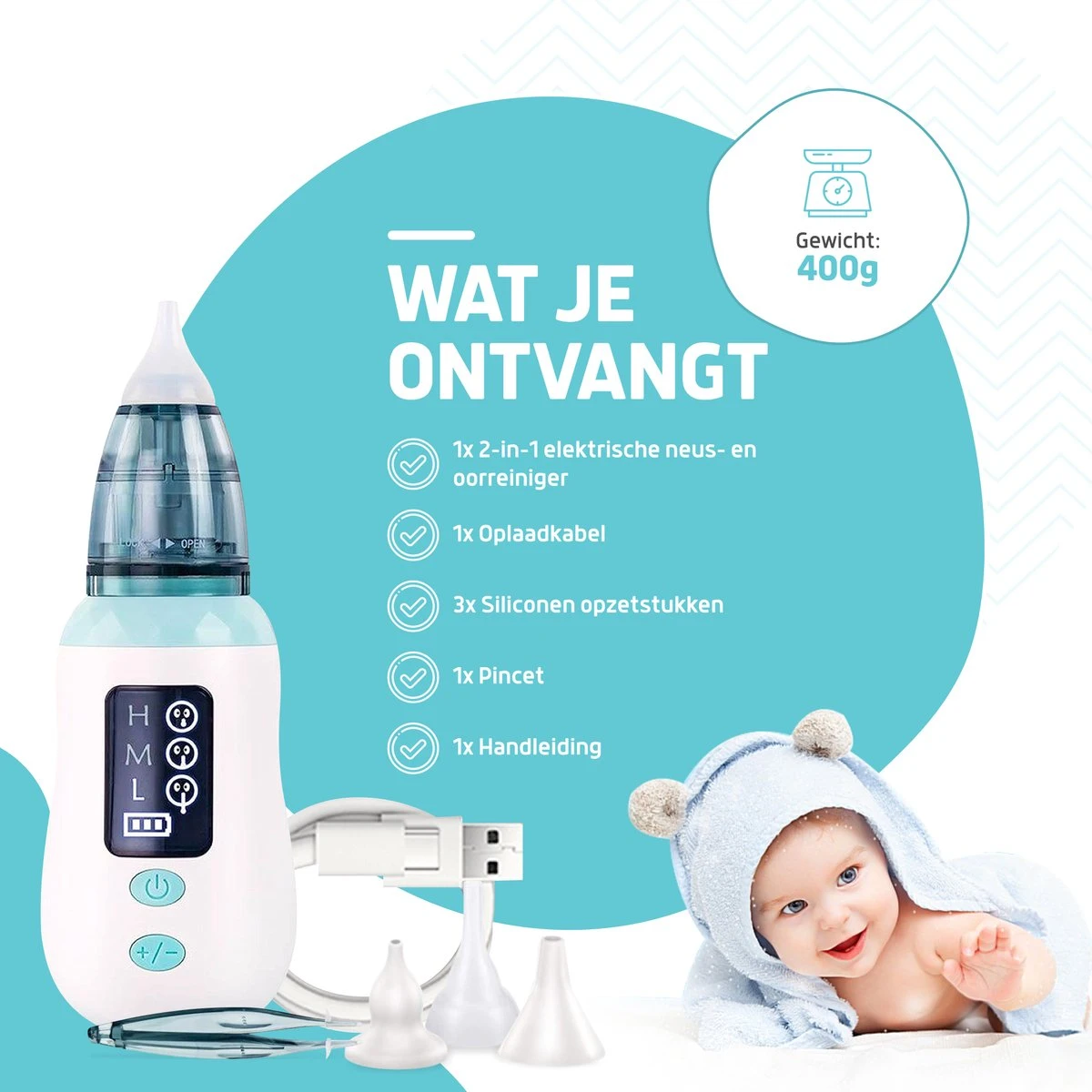 Hoy En Dia® Neusreiniger Baby Snoetenpoetsers - Neuspeer Met USB - Elektrische Neuszuiger En Oorreiniger - Afbeelding 2