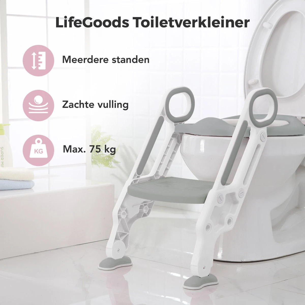 LifeGoods WC Verkleiner Met Trapje - Trainer Met Opstapje - 2 Tot 7 Jaar - Grijs/Wit - Afbeelding 2
