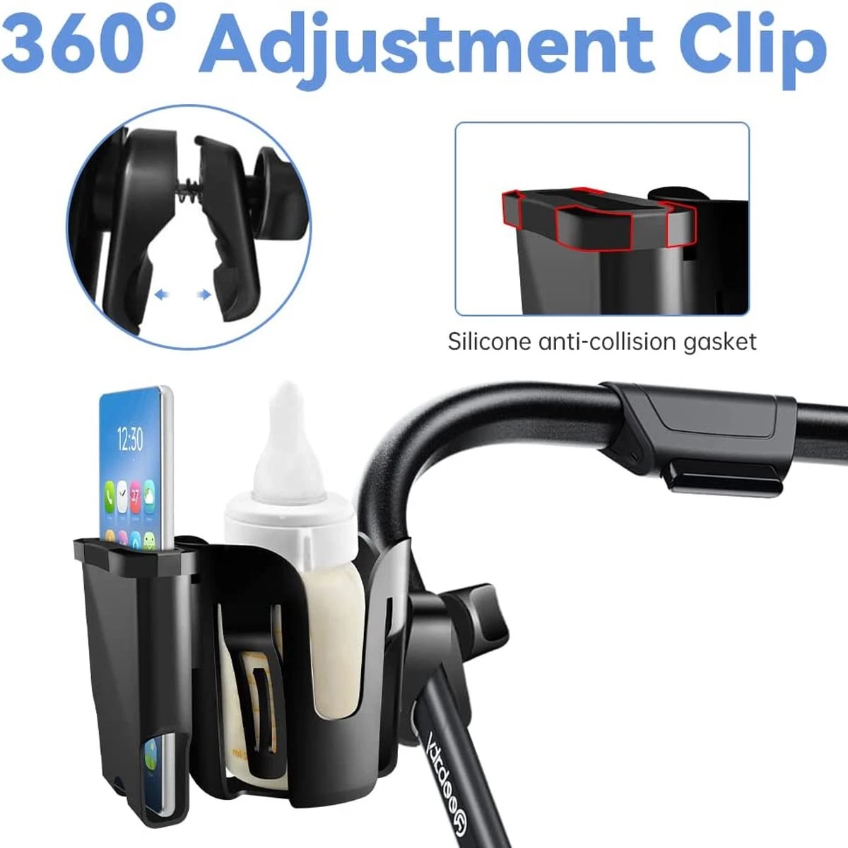 BOTC 2 In 1 Bekerhouders & Telefoonhouder - Cup Organizer Voor Kinderwagen, Fiets, Rolstoel, Walker - Zwart - Afbeelding 5