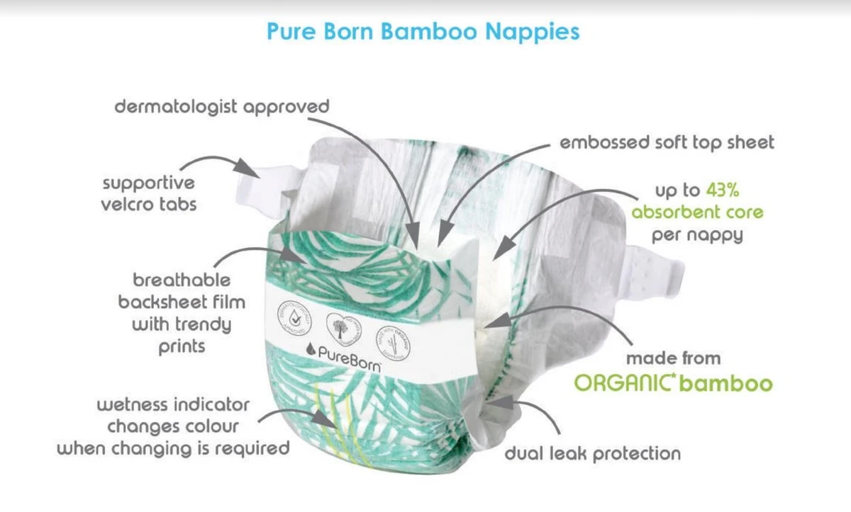 PureBorn Bamboe Luiers - Maat 5 (11-18kg) - 22 Stuks | Flowers - Afbeelding 3