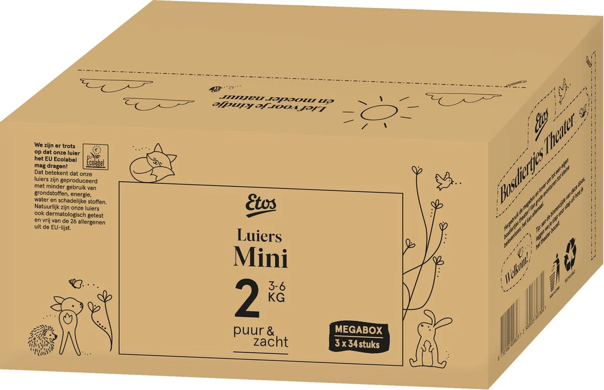 Etos Luiers Puur & Zacht - Maat 2 - 3 Tot 6 Kg - 102 Stuks (3x34) - Afbeelding 2