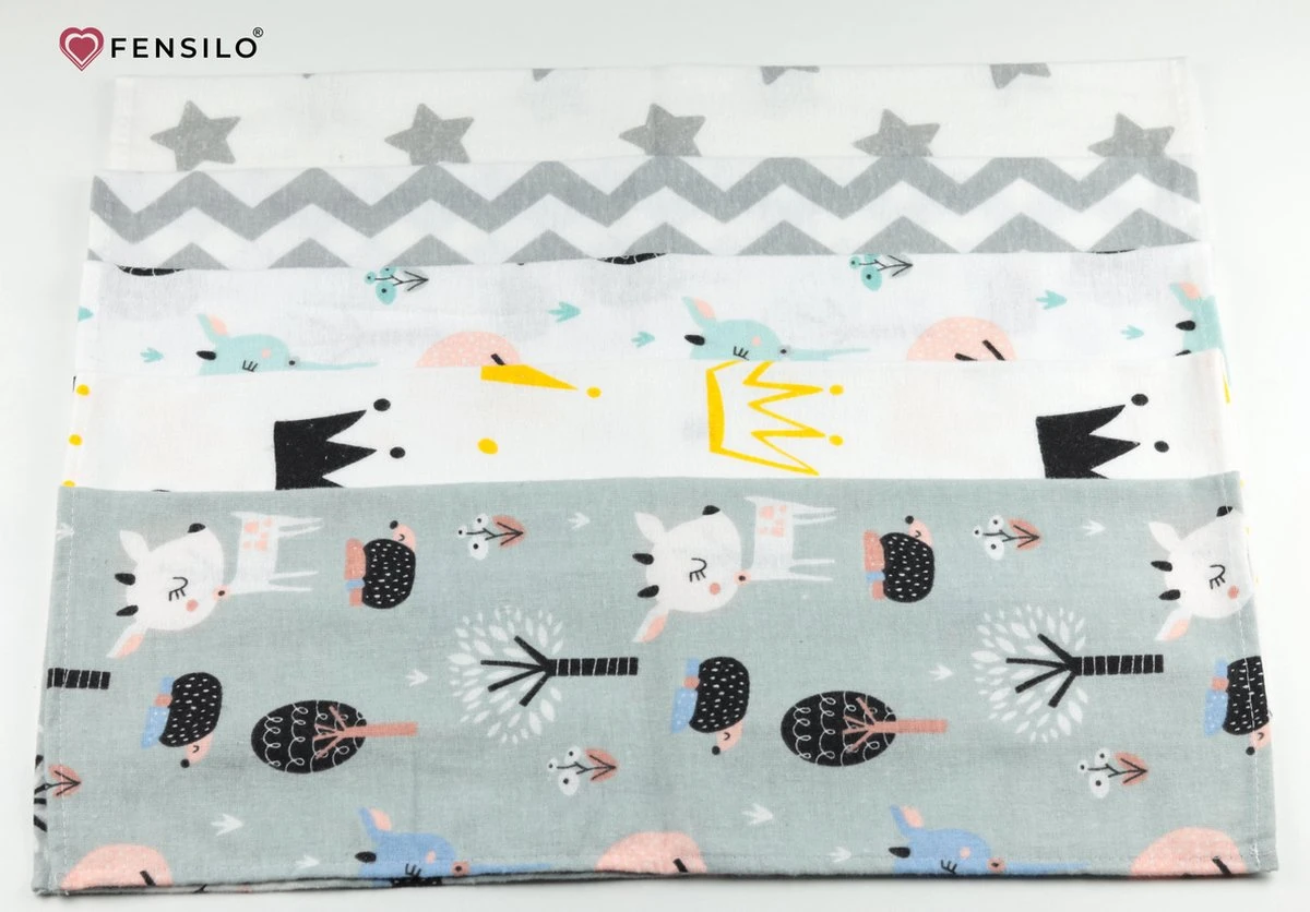 Spuugdoekjes – Monddoekjes – 10 Pack - Flanellen Doeken - Monddoekje 35x50cm – 100% Katoen – Fensilo – Spuugdoek Unisex – Wit – Dieren - Grijs - Flanellen Luiers - Afbeelding 5
