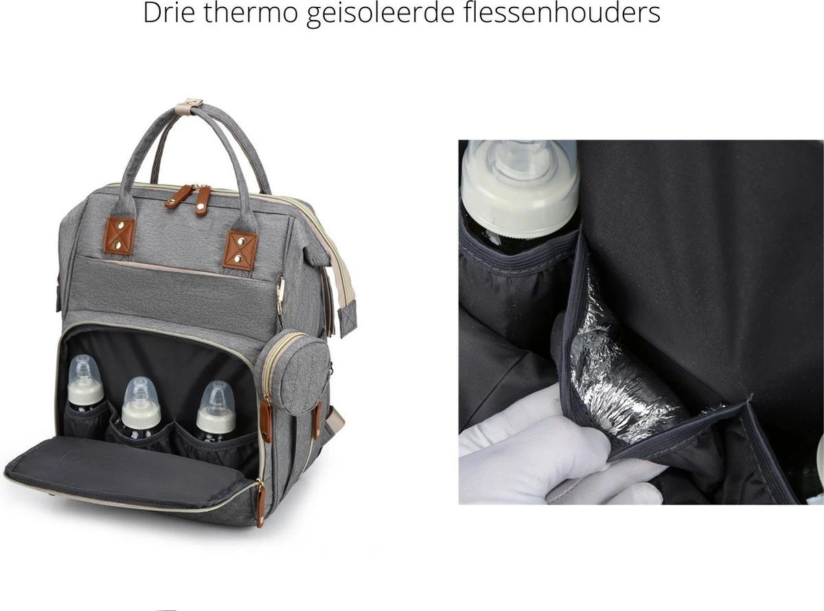 Humpy Dumpy Stijlvolle Luiertas Rugzak (Grijs) Met Uitschuifbaar Verschoon/ Slaap Bedje. Incl. Verschoon Matje, USB Poort & Buggy Straps - Afbeelding 9