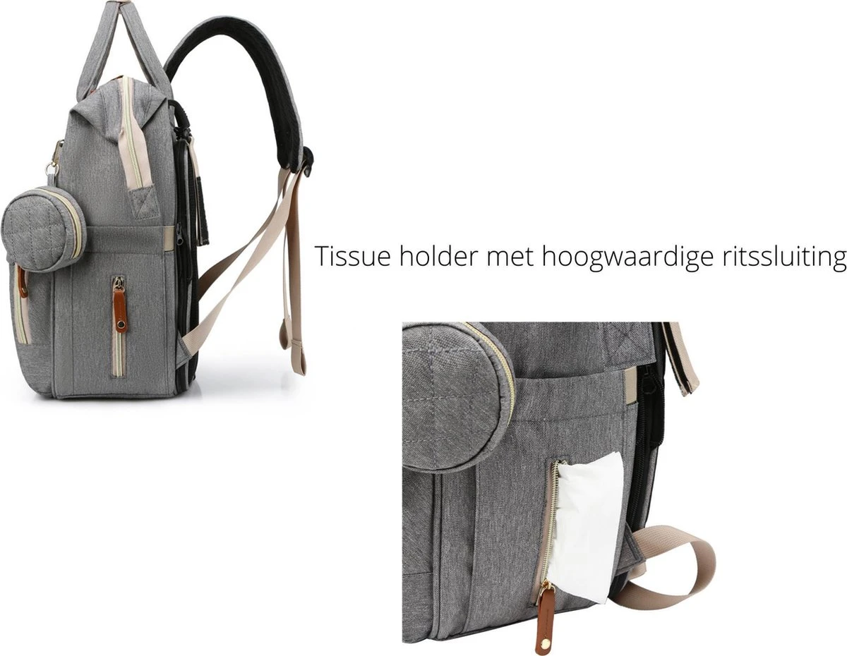 Humpy Dumpy Stijlvolle Luiertas Rugzak (Grijs) Met Uitschuifbaar Verschoon/ Slaap Bedje. Incl. Verschoon Matje, USB Poort & Buggy Straps - Afbeelding 8