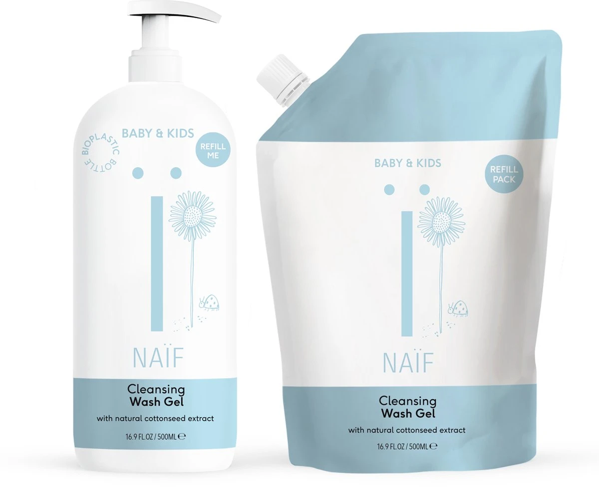 Naïf Reinigende Wasgel - Pompfles En Navulverpakking - Baby's En Kids - Verpakking 2x 500ml