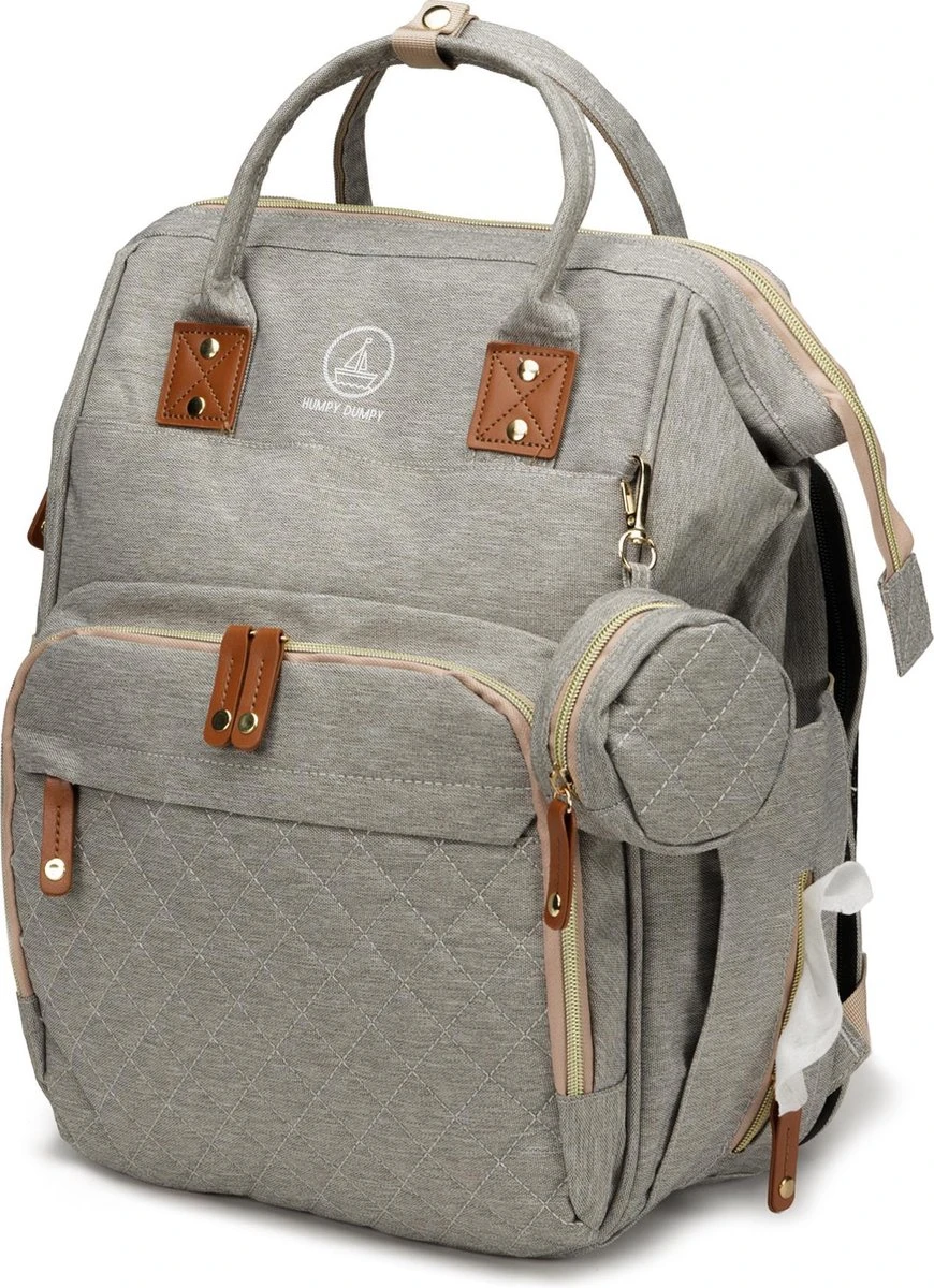 Humpy Dumpy Stijlvolle Luiertas Rugzak (Grijs) Met Uitschuifbaar Verschoon/ Slaap Bedje. Incl. Verschoon Matje, USB Poort & Buggy Straps - Afbeelding 2