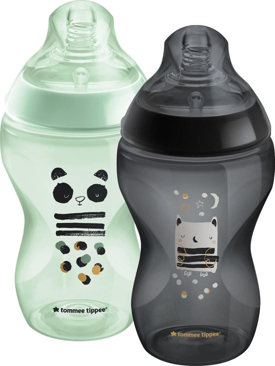 Tommee Tippee Closer To Nature - Zuigflessen - Normale Uitstroomsnelheid - Anti-colic Ventiel - 340 Ml - Verpakking Van 2 Stuks - Groen En Zwart