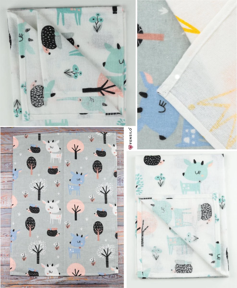 Spuugdoekjes – Monddoekjes – 10 Pack - Flanellen Doeken - Monddoekje 35x50cm – 100% Katoen – Fensilo – Spuugdoek Unisex – Wit – Dieren - Grijs - Flanellen Luiers - Afbeelding 2